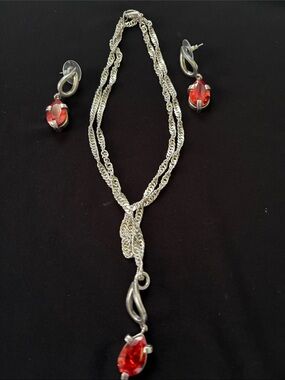 Silver Chain Necklace and Earrings Set with Red Gemstones